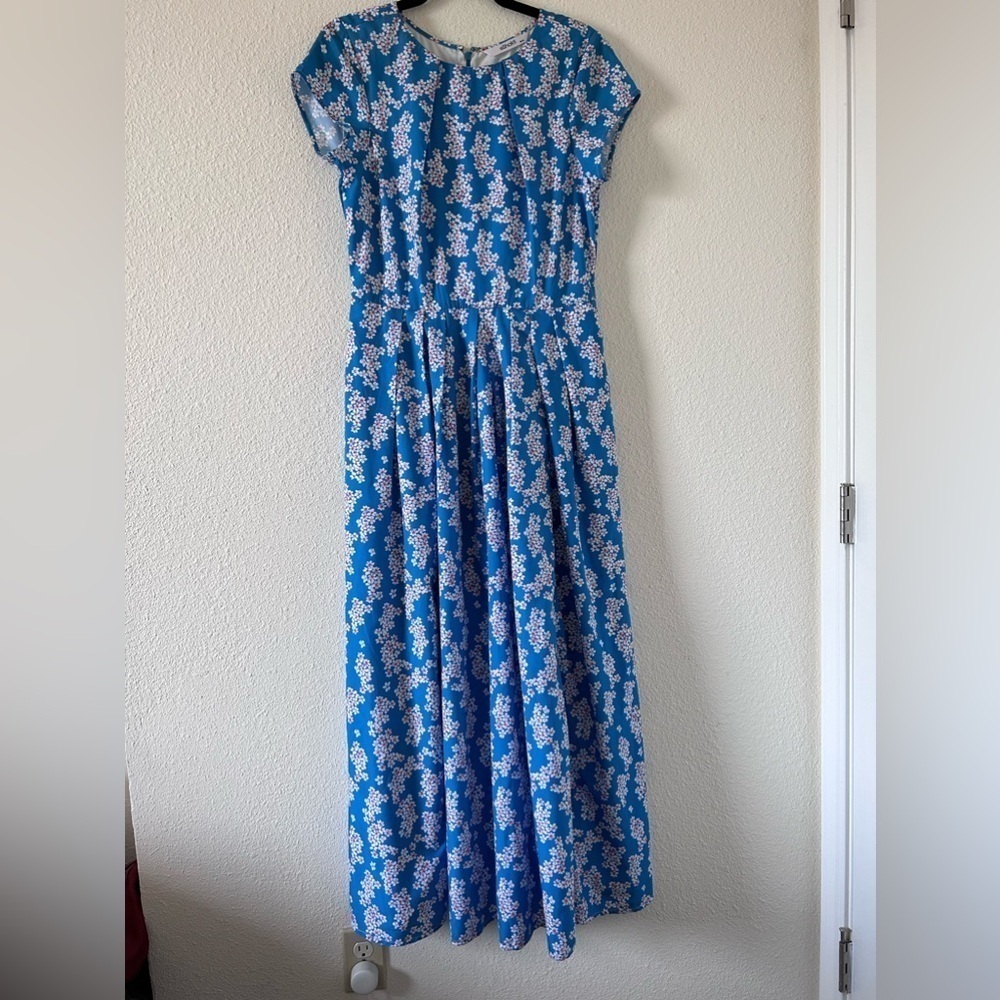 eShakti Women’s Max Dress Medium 10 Blue Floral Pleated Pockets Modest Spring
